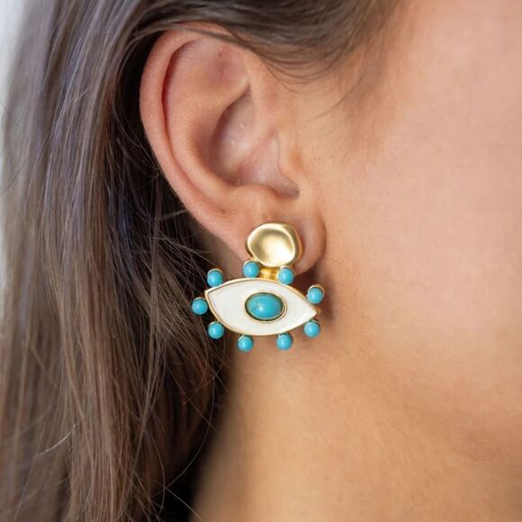 Gold and Turquoise Eye Earrings A1127 - Picture 2 of 3